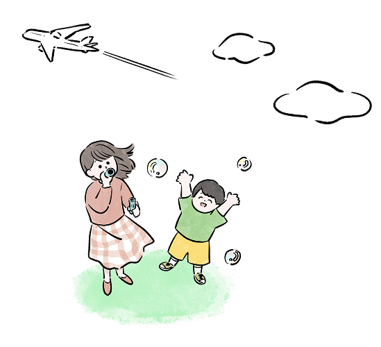シャボン玉を吹くママと子供後ろに飛行機が飛んでいるイラスト