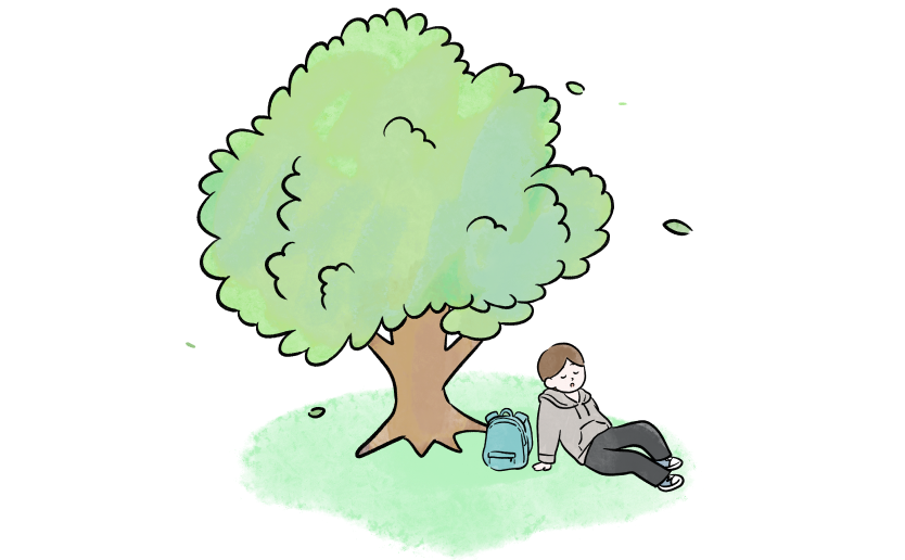 木の下で休んでいる男の子のイラスト